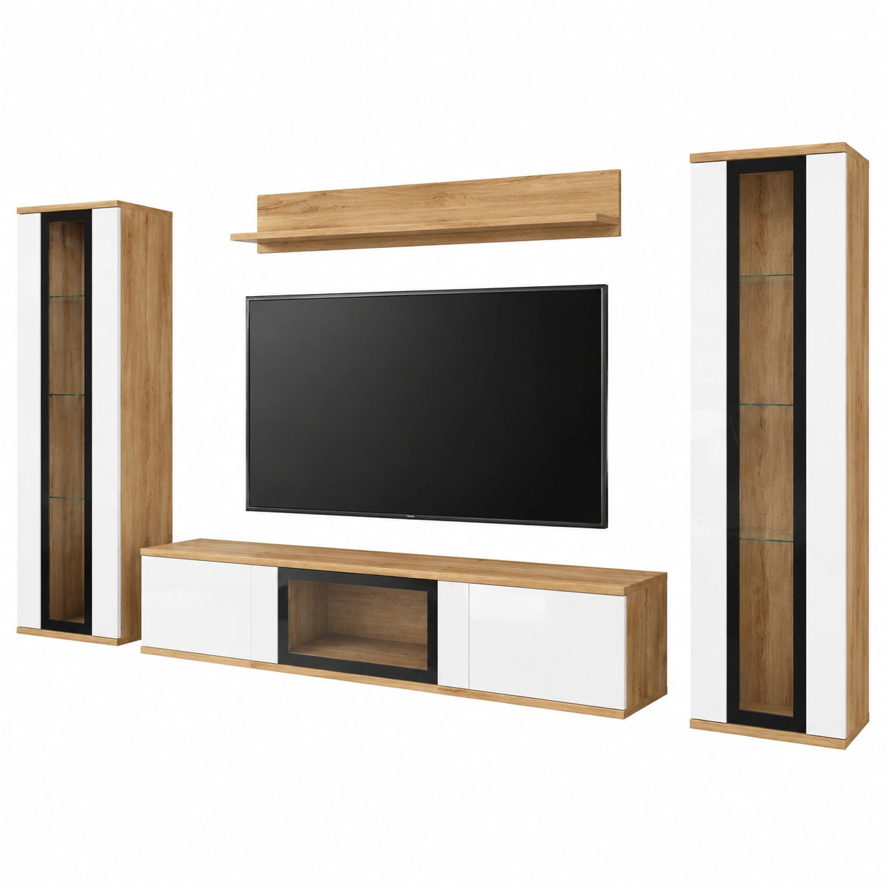 Caro Wohnwand-Set, TV-Schrank mit optionaler LED-Beleuchtung, Hängeschränke in Wotan/Weiß Hochglanz