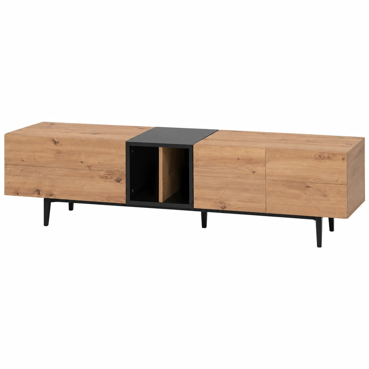 Moderner Fernsehtisch mit Schiebetüren und Regalfächern, Holzoptik, schwarz lackiert - 195 x 48 x 47 cm