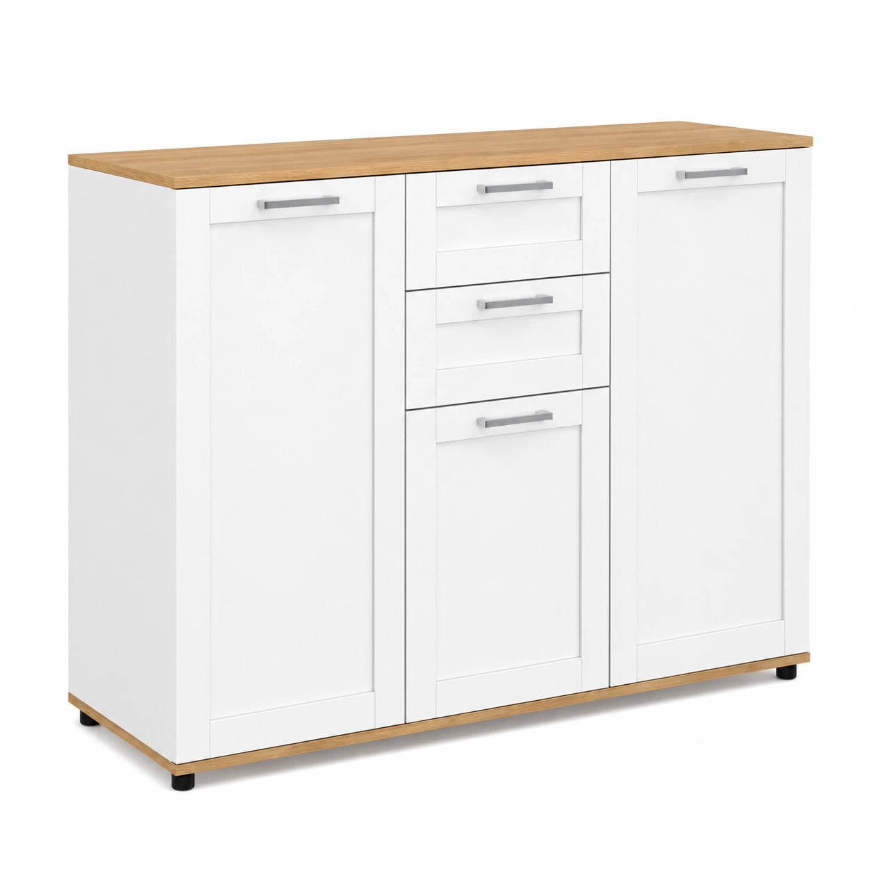 Moderner Lowboard VITO mit 3 Türen und 2 Schubladen in Weiß und Holzoptik, 100 cm