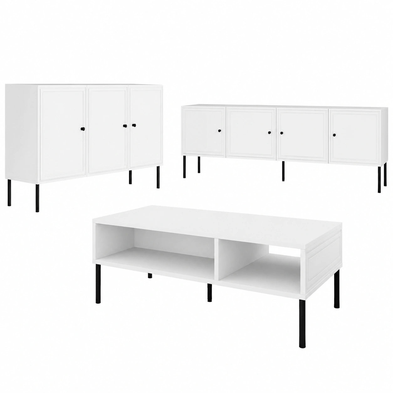 Modernes Wohnzimmer-Set Pyrunt II – Elegantes Design mit TV-Lowboard, Kommode und Couchtisch in Weiß mit schwarzen Metallfüßen