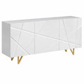 Moderne Wohnzimmermöbel Set Litarez I mit grifflosem Design und Goldmetallfüßen - TV-Bank und Kommode in Weiß Hochglanz