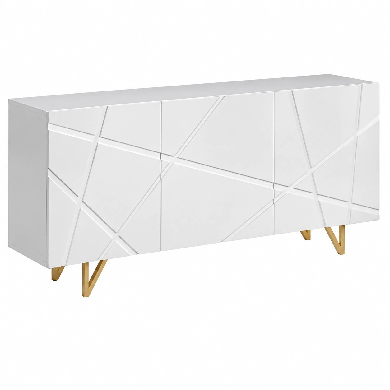 Moderne Wohnzimmermöbel Set Litarez I mit grifflosem Design und Goldmetallfüßen - TV-Bank und Kommode in Weiß Hochglanz