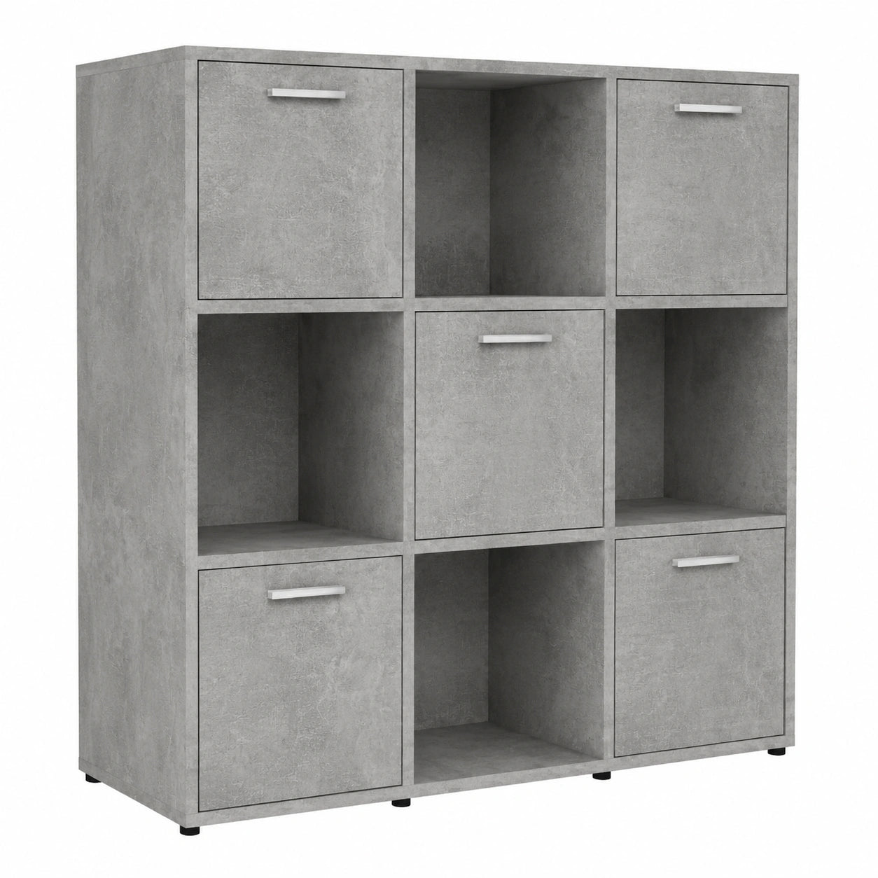 Modernes Bücherregal mit 9 Fächern und 5 Türen, freistehendes Regal, Betongrau, 90 x 30 x 90 cm