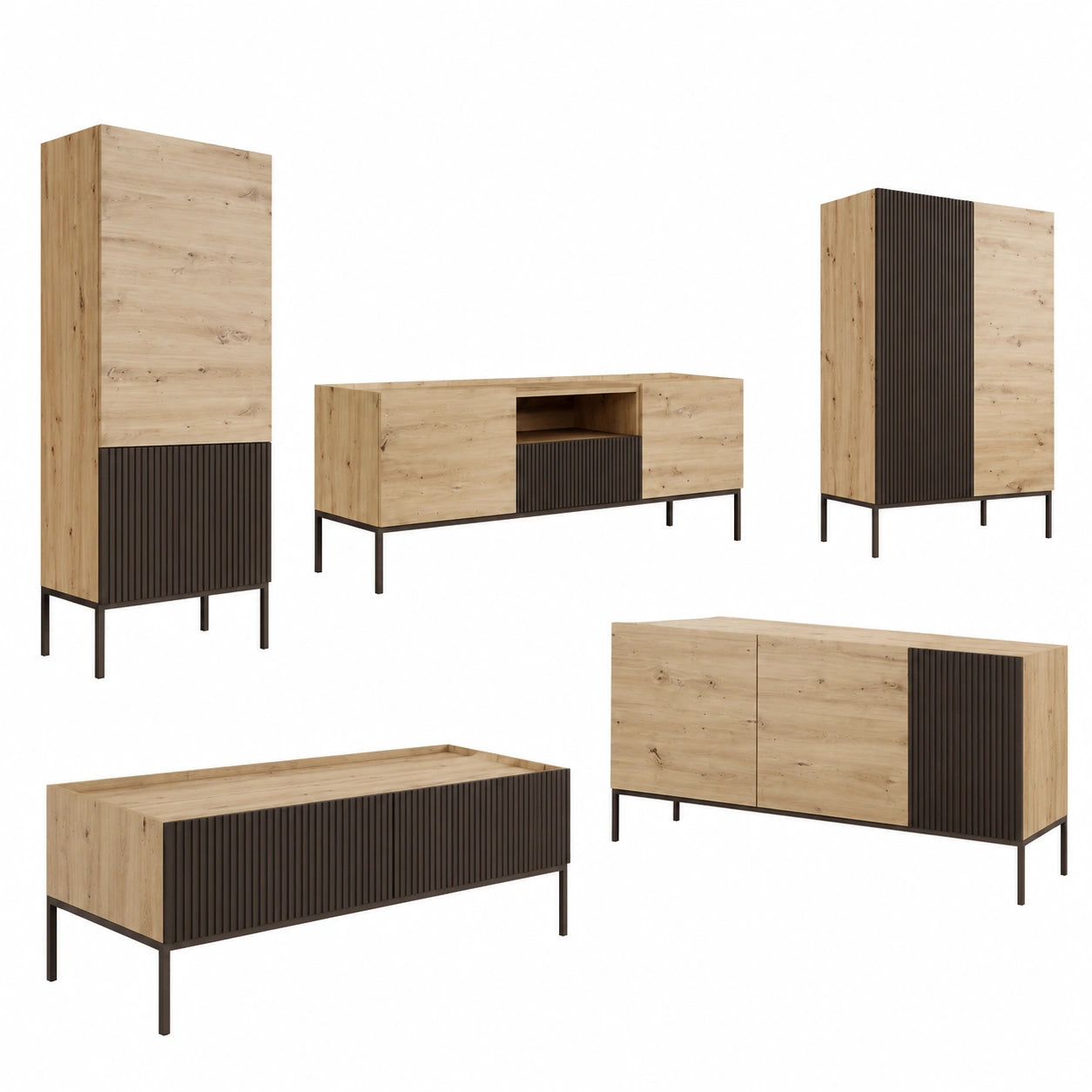 Moderne Wohnzimmermöbel Cowilo I Set mit Kommoden, TV-Lowboard und Couchtisch in Eiche Artisan Schwarz