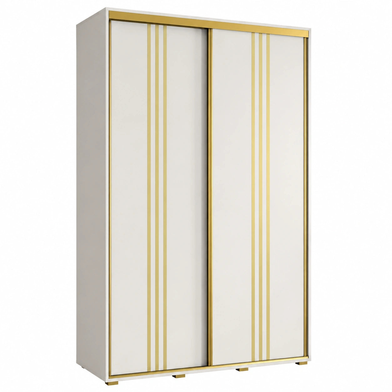 Moderner Kleiderschrank Cannes mit Schiebetüren, Kleiderstange und Regalen - Weiß/Gold - 205,2x130x45 cm