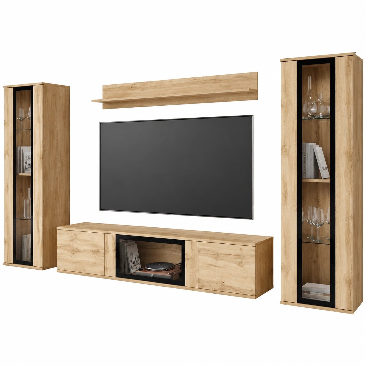 MINIO Wohnwand Set FARO 4-teilig: Hochschrank, Vitrine, Lowboard mit LED, Wotan Eiche