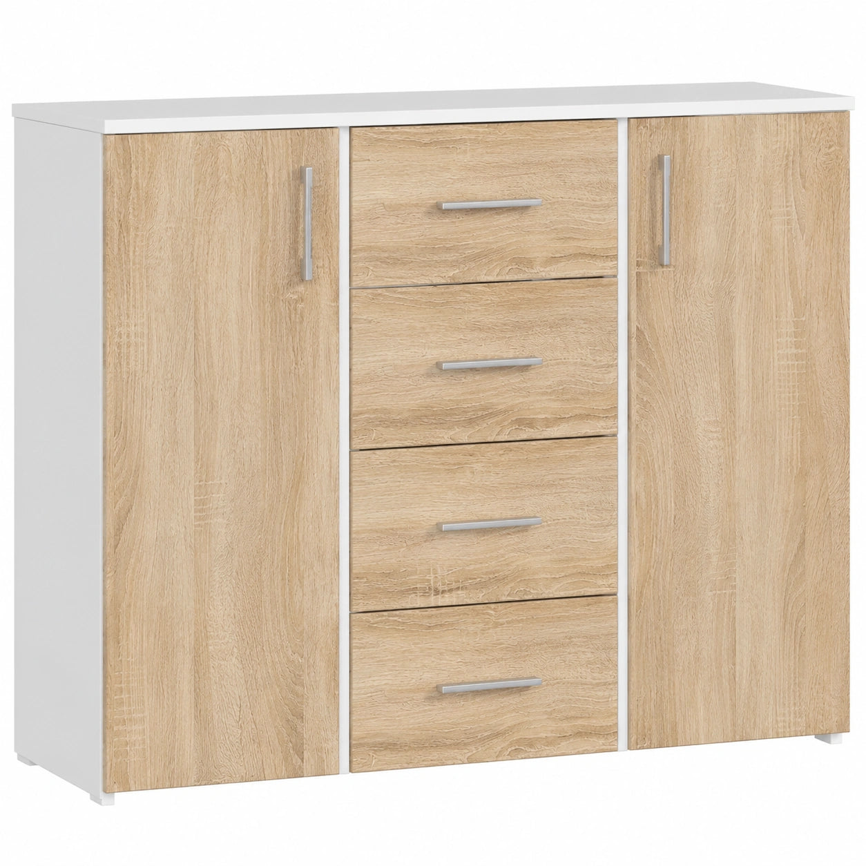 Moderner Mehrzweckschrank mit 4 Schubladen und Türen in Weiß/Eiche Sonoma, 110x80x35cm