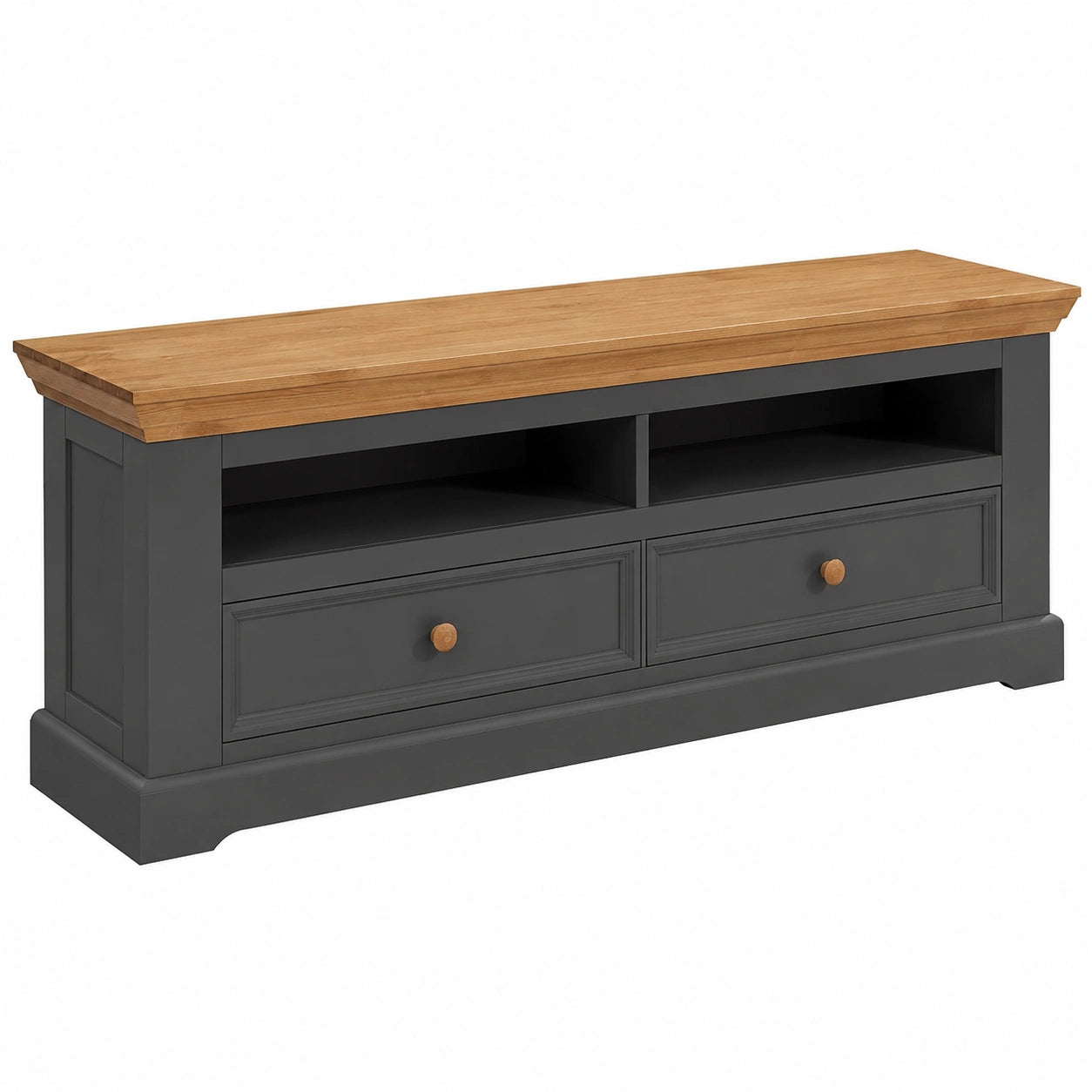 Massives Kiefernholz Lowboard in Grau mit Schubladen und Fächern, 169x63x42 cm