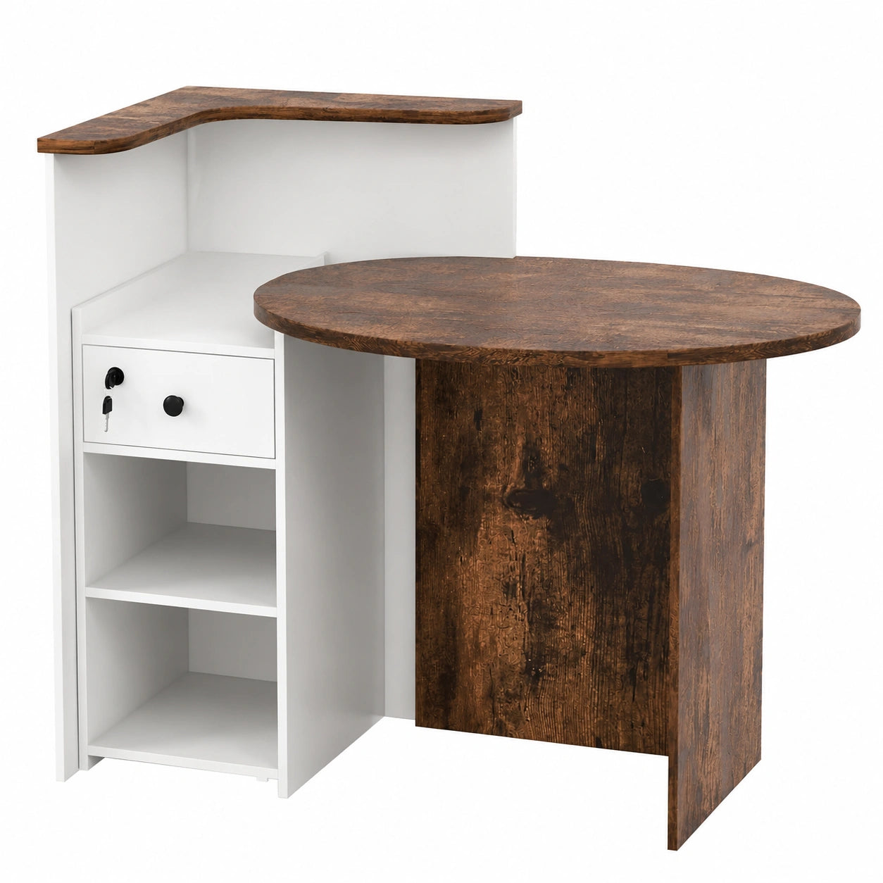 Moderne Empfangstheke mit Schublade, verstellbarem Regal und ovaler Tischplatte für Büro und Salon, Weiß/Braun