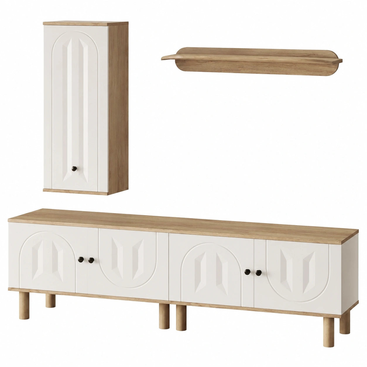 Moderne Wohnwand-Set 3-teilig, Weiß & Holz, mit geschnitzten Türen