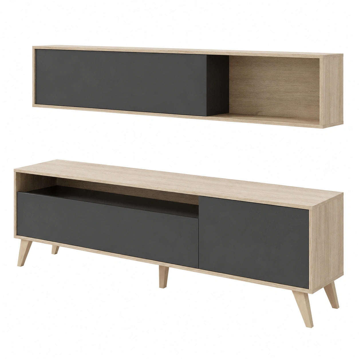 Dmora - Modernes Wohnzimmerset Tambo mit TV-Ständer, vielseitig einsetzbare Möbel, 180x41x180 cm, Anthrazit und Eiche