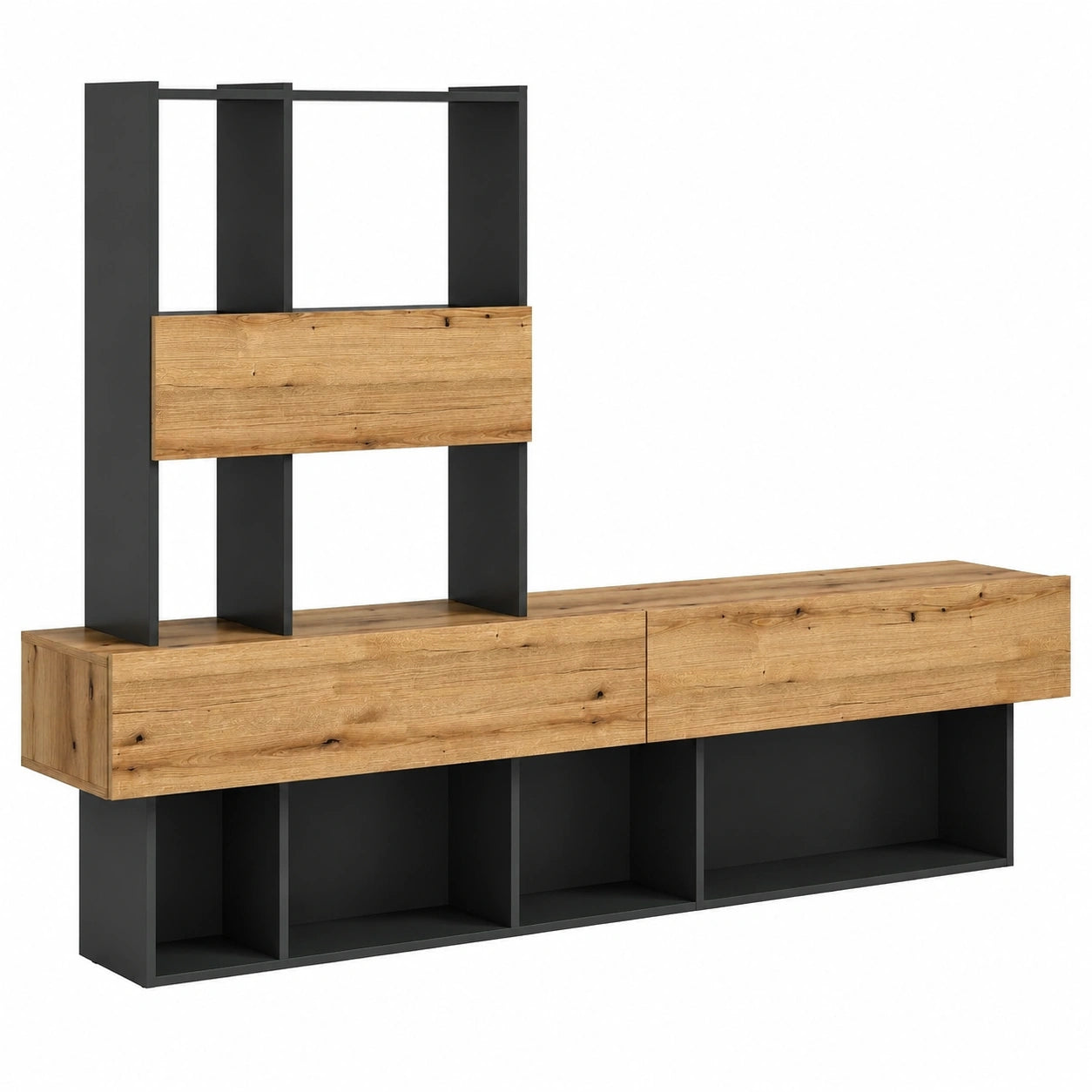 Moderne Wohnwand Eiche Grau im Industriestil - 147x210x38 cm - Vielseitige Anbauwand für Wohnzimmer, Schlafzimmer und Büro