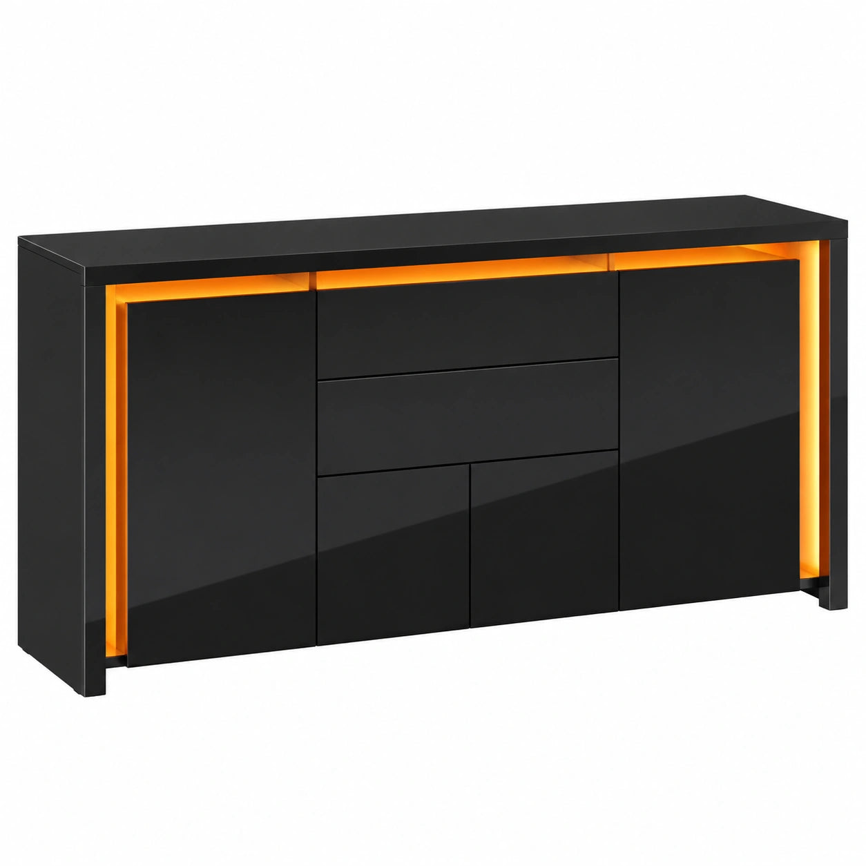 Modernes Hochglanz-Sideboard Schwarz mit LED-Beleuchtung, 4 Türen und 2 Schubladen für Wohn- und Esszimmer
