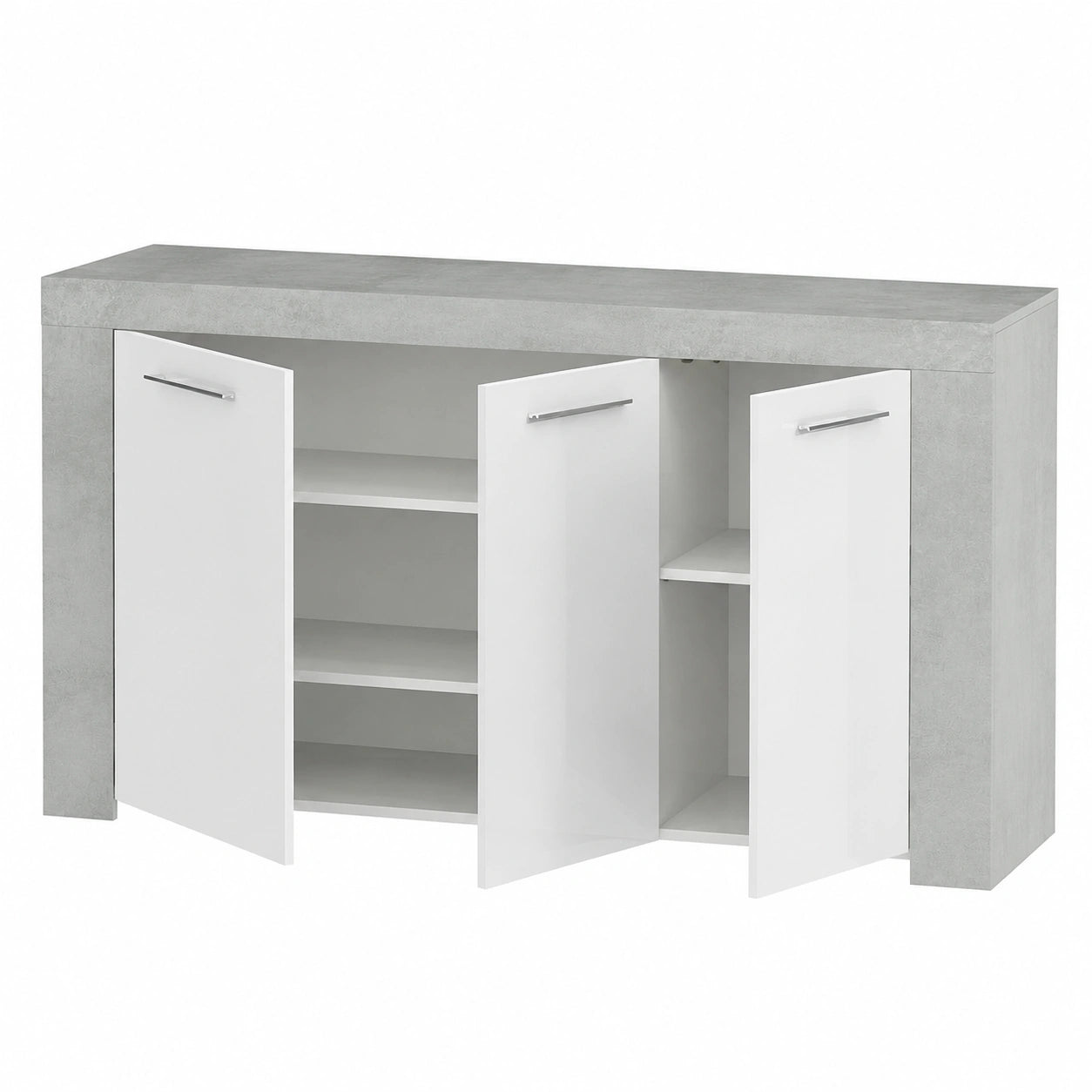 Modernes Sideboard mit 3 Türen und Regalen, Betonoptik mit weißen Fronten, 144 x 80 x 42 cm
