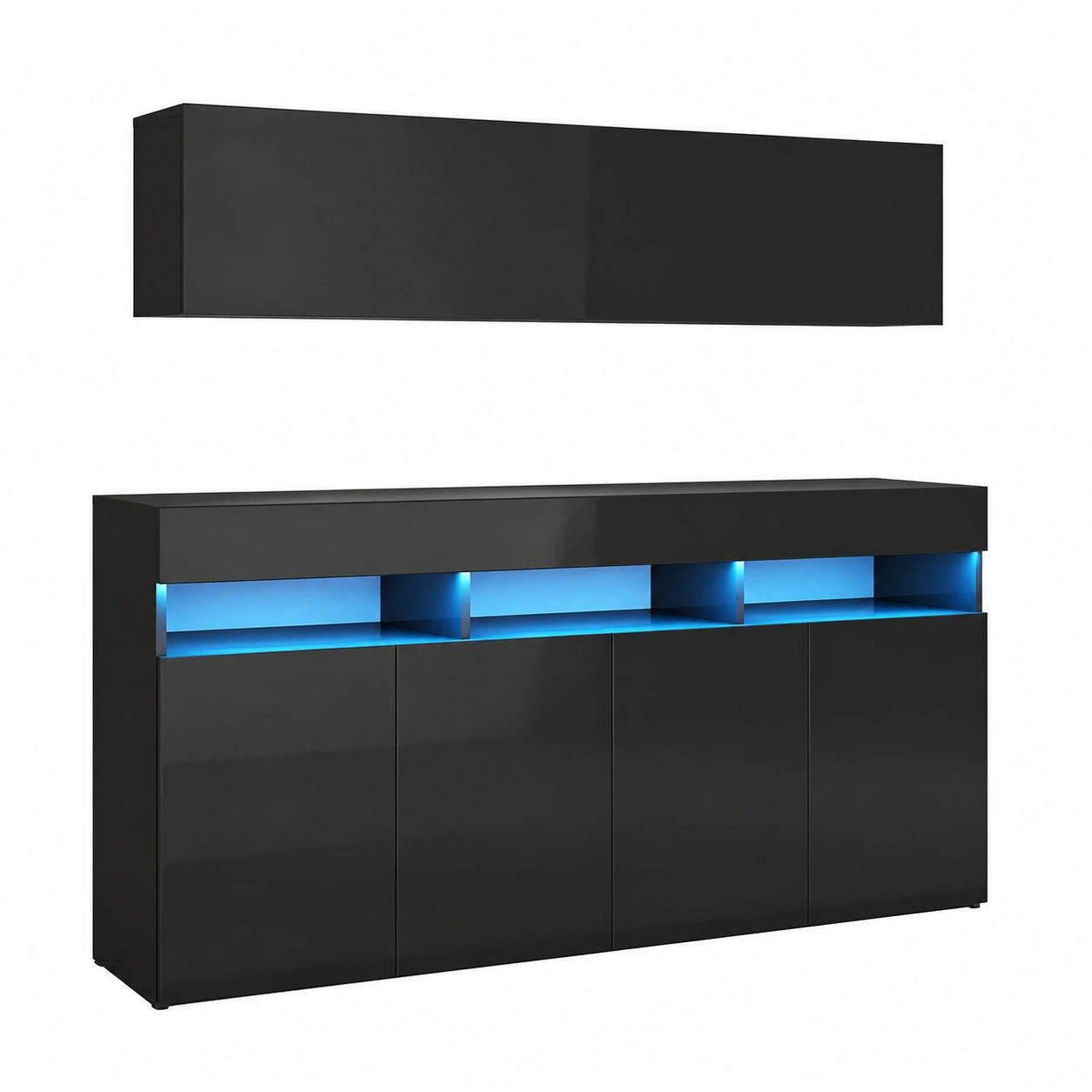 Moderne Wohnwand 2-teiliges Set in Hochglanz Schwarz mit Kommode