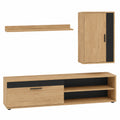Moderne Wohnwand-Kombination mit TV-Schrank, Hängeregal und Standregal, 3-teilig, Holzoptik und Schwarz, 140 x 35 x 39 cm