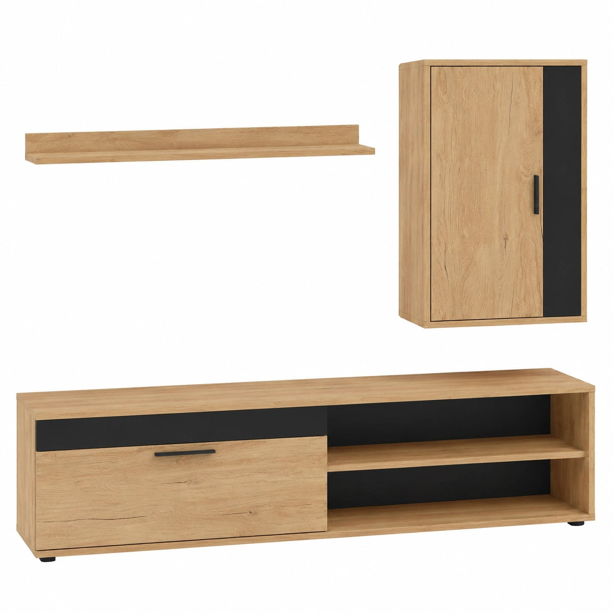 Moderne Wohnwand-Kombination mit TV-Schrank, Hängeregal und Standregal, 3-teilig, Holzoptik und Schwarz, 140 x 35 x 39 cm