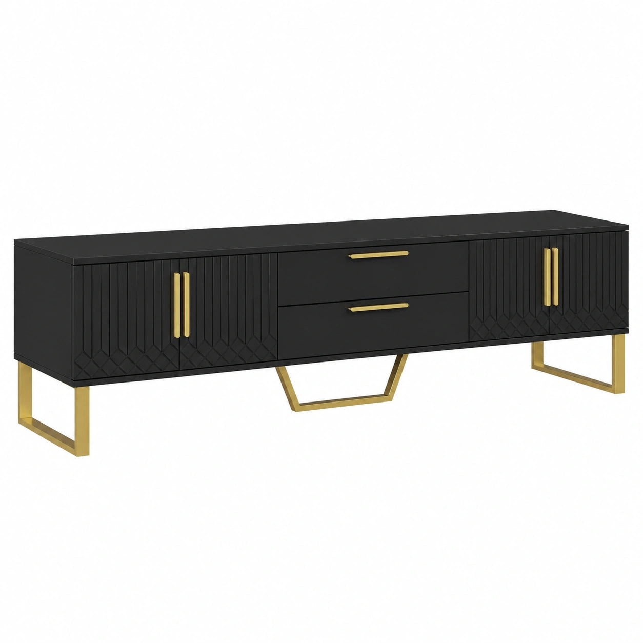 Eleganter TV-Schrank mit goldenen Griffen und Füßen, gravierte Türstruktur, luxuriöse Aufbewahrung für das Wohnzimmer