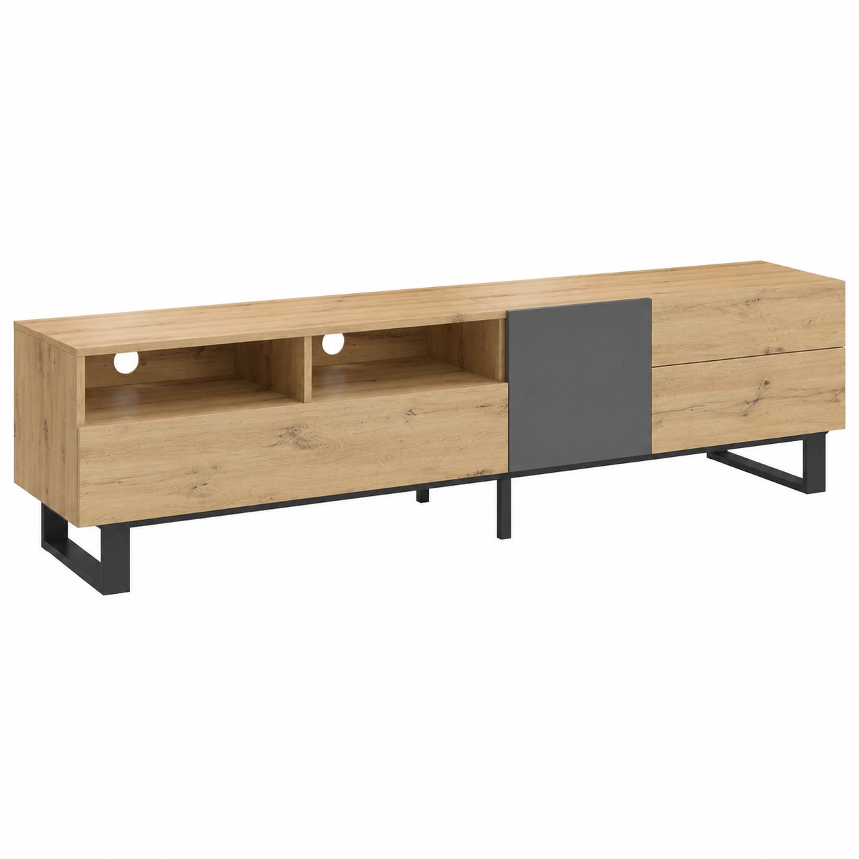Moderner TV-Schrank im Colorblocking-Design mit Holzmaserung, 180 x 38 x 50 cm, Schwarz und Holzfarbe