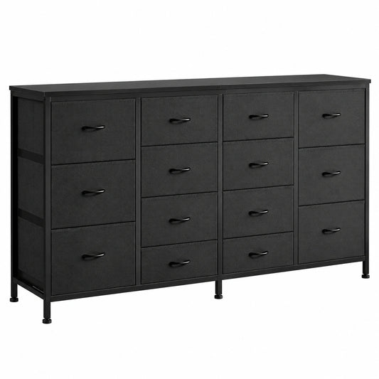 GarveeHome TV Schrank 160 cm mit Steckdosen & 14 Schubladen, stabil für Fernseher bis 75 Zoll, Holzoptik, Schwarz