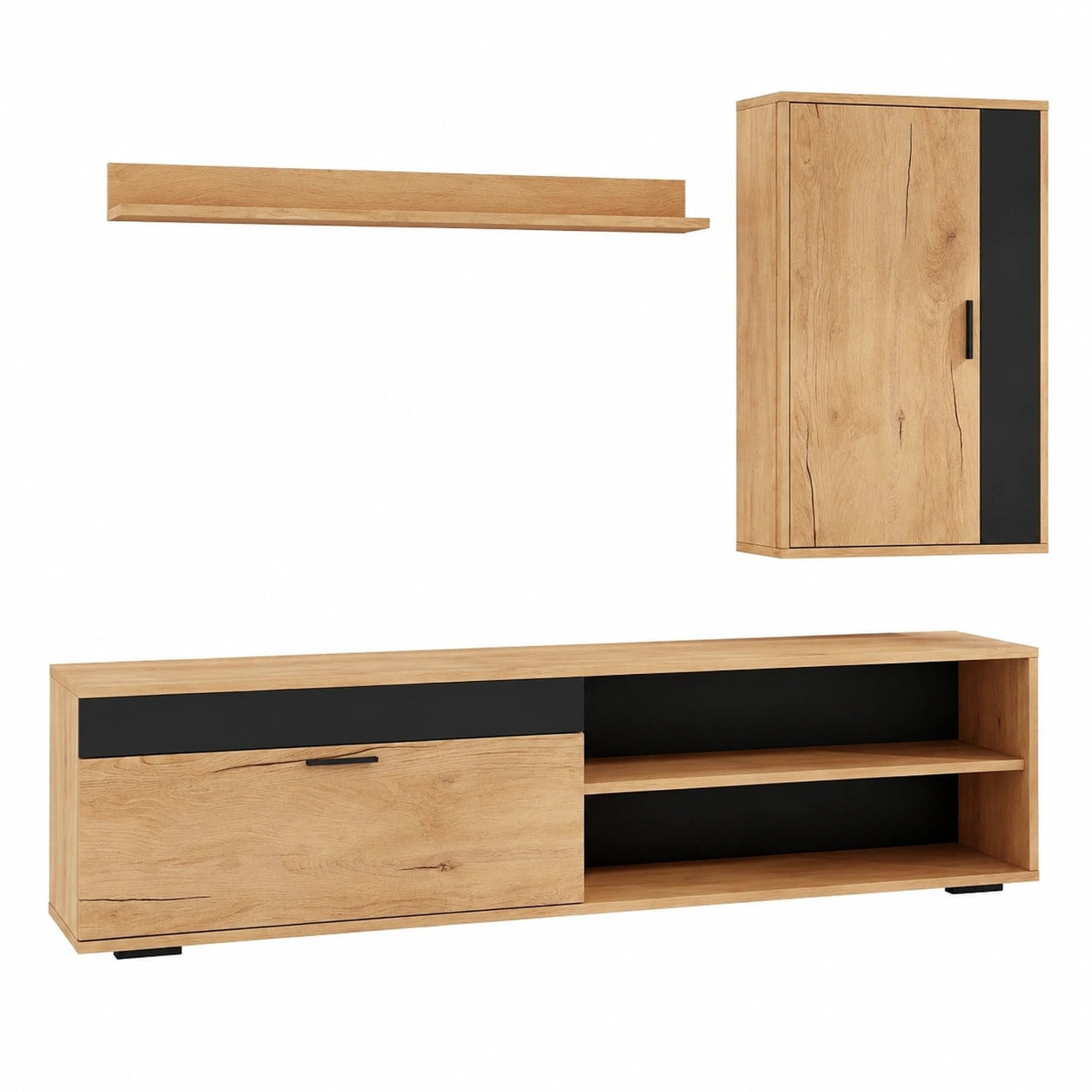 Moderner Wohnwand-Set 3-teilig, Schwarz, Mit TV-Board, Hängeschrank und Wandregal