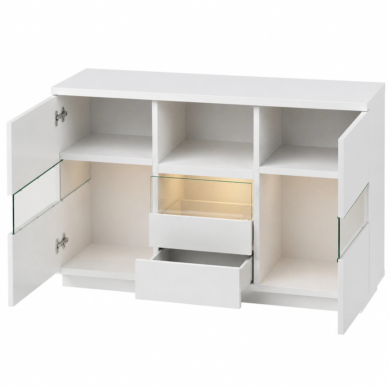 Moderner Weißer Beistellschrank mit Regalen und Schubladen für das Wohnzimmer