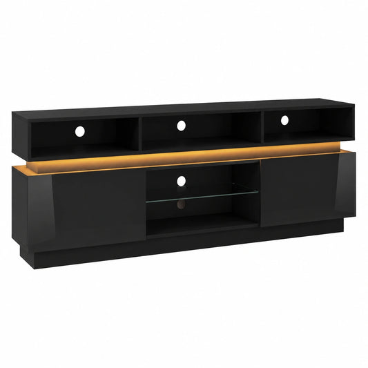 Hochglanz TV-Ständer mit LED und Glasablage, Schwarz, für 60-Zoll Fernseher