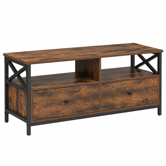 Industrie-Design TV-Schrank für bis zu 55 Zoll Fernseher, 120 cm, mit Schubladen und offenen Fächern, Wohnzimmermöbel, Vintage-Braun und Schwarz