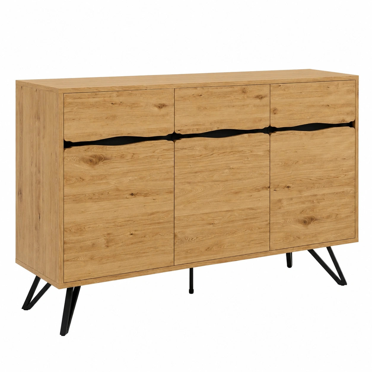 Modernes 3-türiges Sideboard aus Holz mit Metallbeinen und großem Stauraum, 140 cm breit